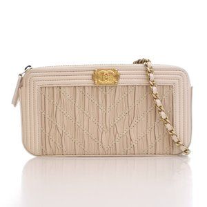 Chanel Small Beige Crumpled Lambskin Boy Clutch With Chain